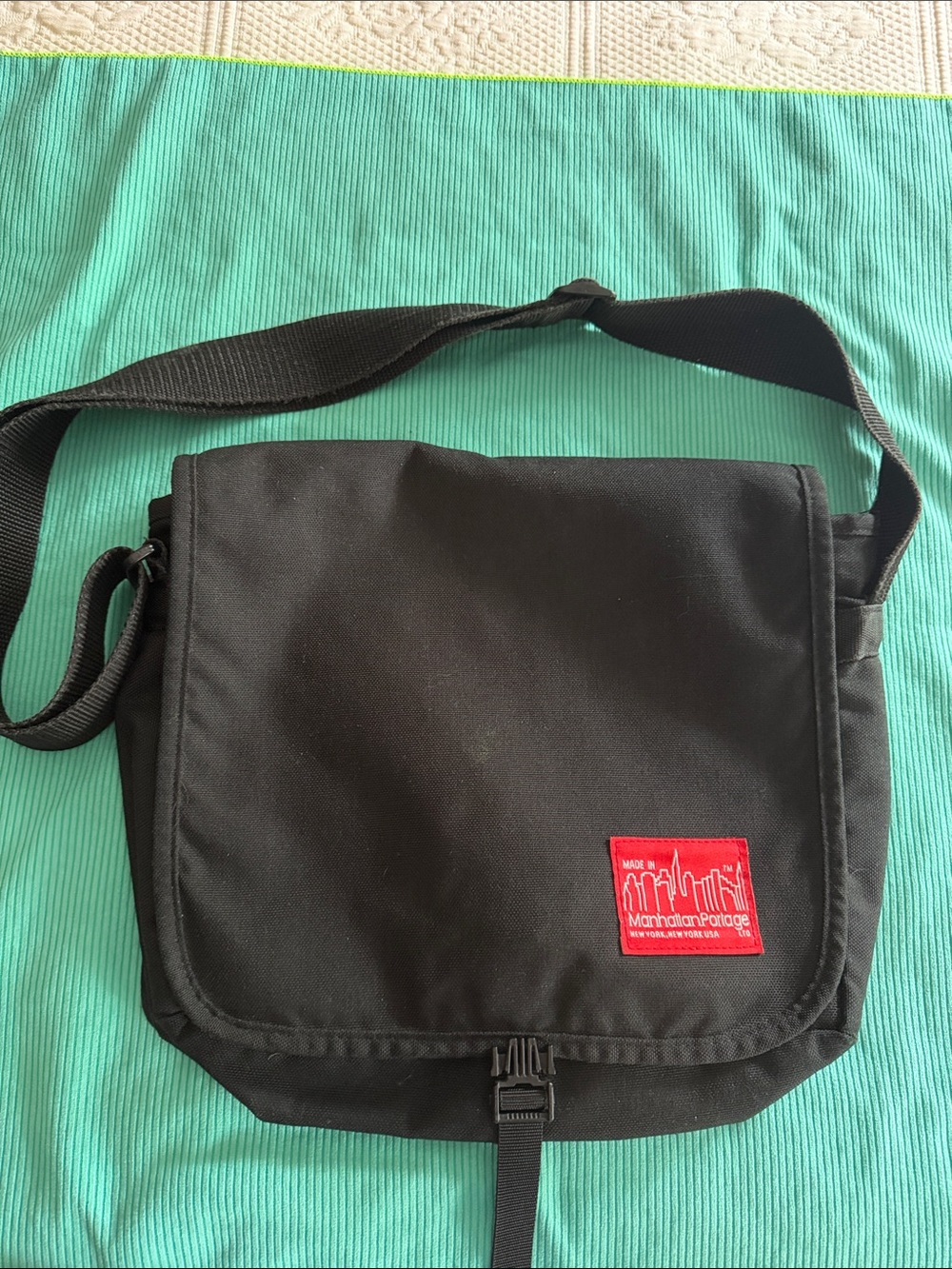 Manhattan Portage Black Messenger Bag with Red Logo Patch